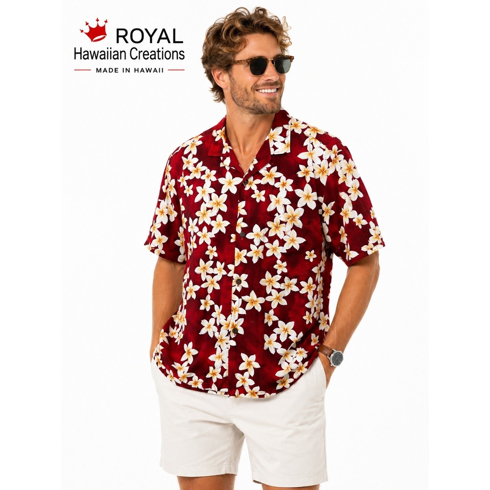 Royal Hawaiian Creations Red Plumeria Hawaiian Shirt Made in Hawaii Size L